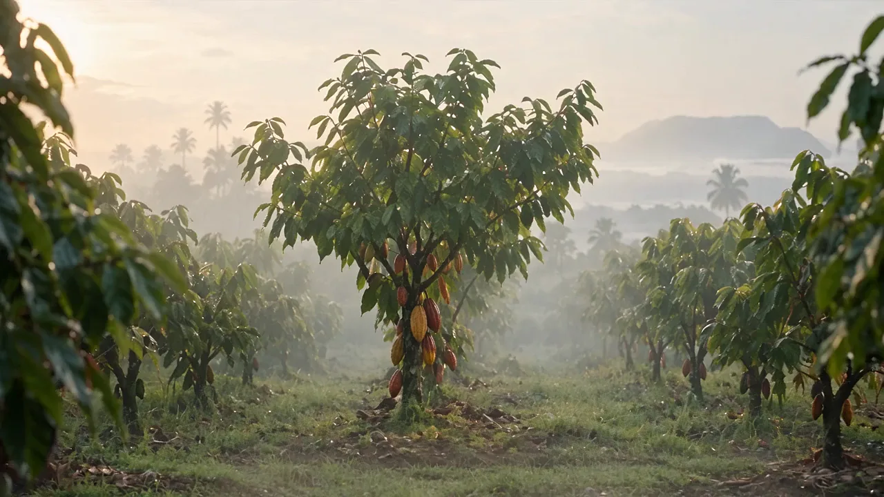 Hilera de árboles de cacao con mazorcas en una finca, envuelta en neblina al amanecer