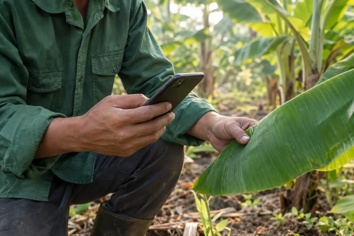 Agricultor fotografiando una hoja de banano con su celular