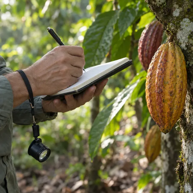 Manos de un agrónomo tomando notas junto a una mazorca de cacao