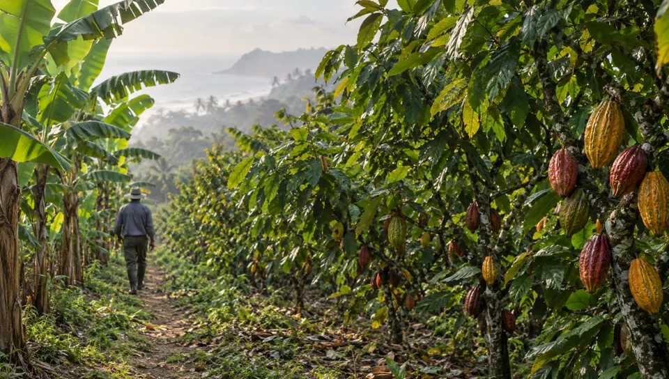 Camino de tierra entre plantas de banano y árboles de cacao, con una persona caminando de espaldas