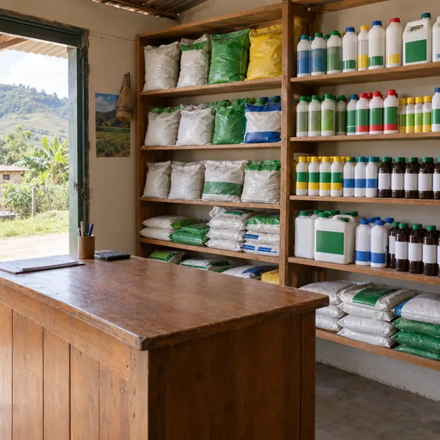 Mostrador de un almacén agrícola con productos en estantes