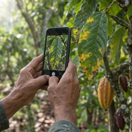 Manos de un agricultor fotografiando una hoja de cacao con el celular