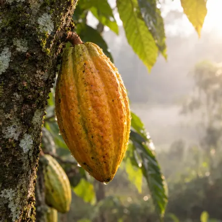 Mazorca de cacao sana madurando en el árbol